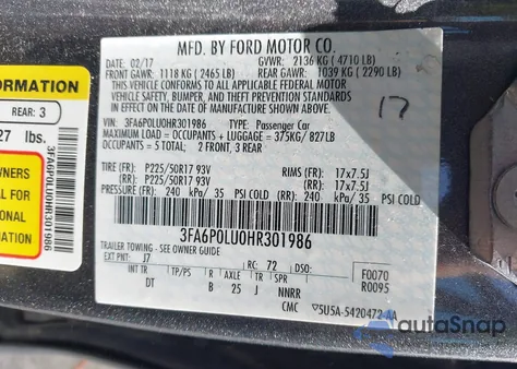 2017 Ford Fusion Hybrid Se из США, поврежденный, VIN 3FA6P0LU0HR301986